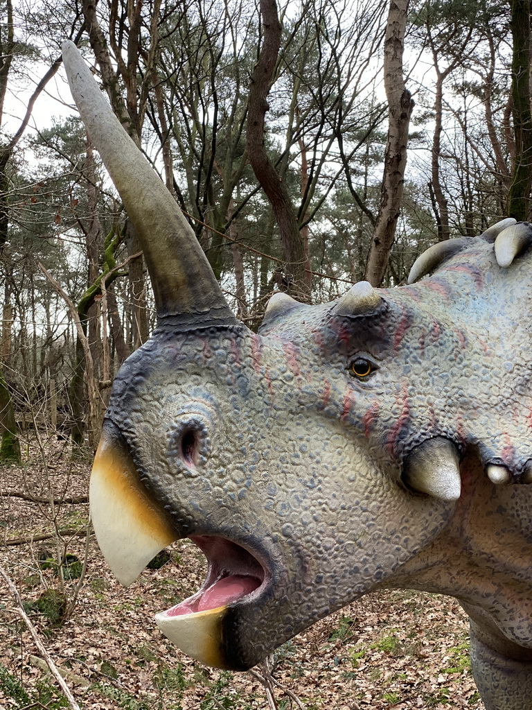 Head of a Centrosaurus statue at the DinoPark at the DierenPark Amersfoort zoo