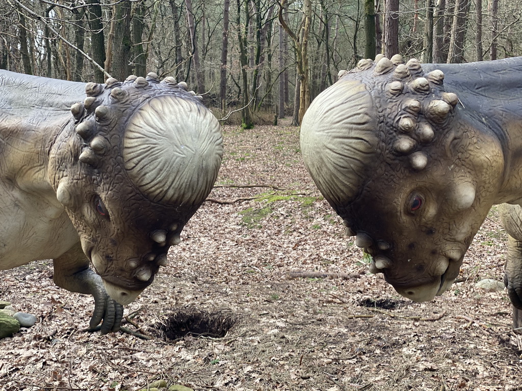 Heads of Pachycephalosaurus statues at the DinoPark at the DierenPark Amersfoort zoo