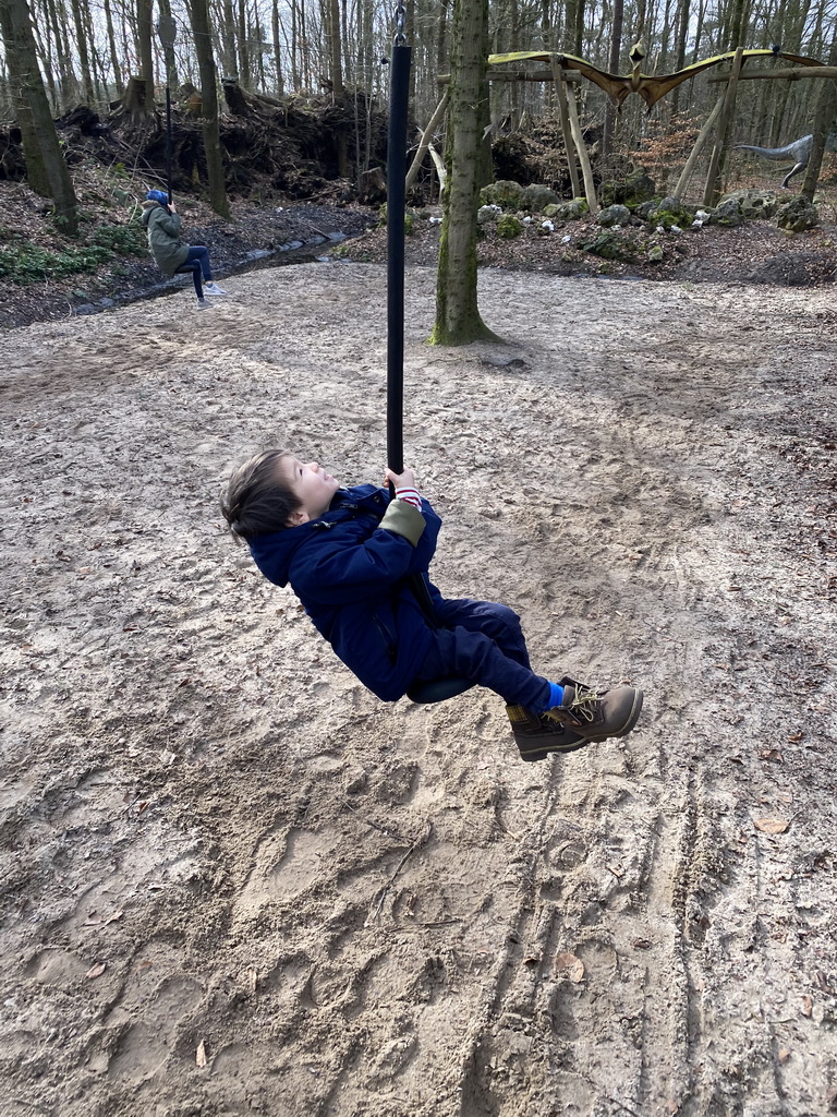 Max at the `Pterovlucht` zip line at the DinoPark at the DierenPark Amersfoort zoo