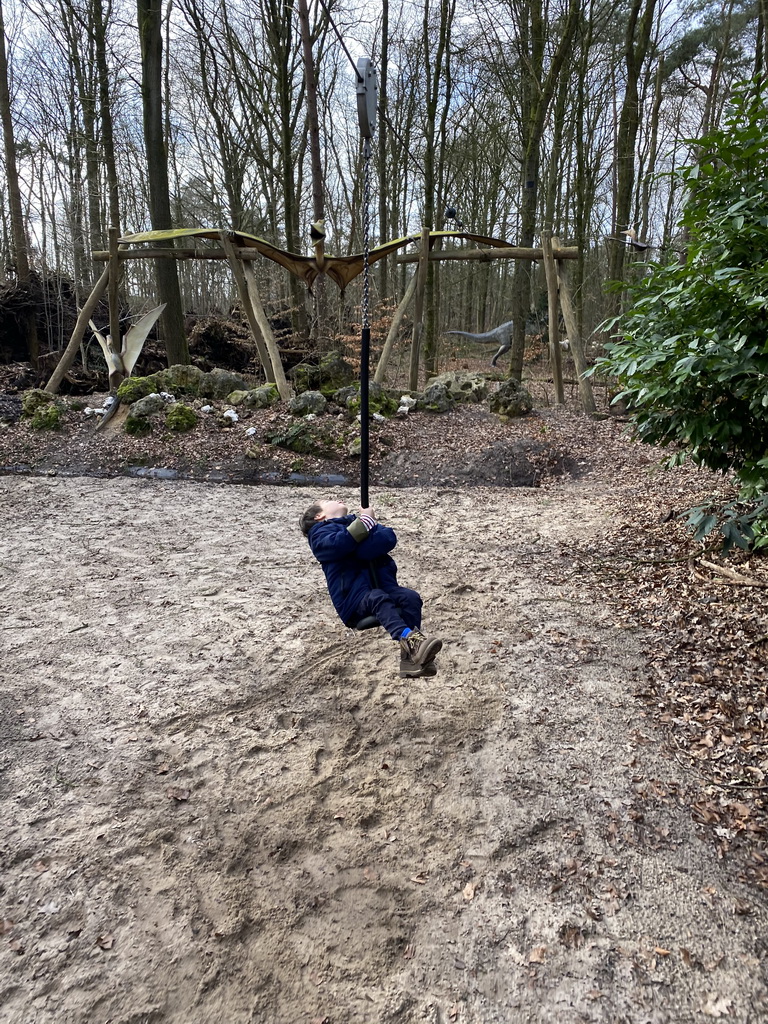 Max at the `Pterovlucht` zip line at the DinoPark at the DierenPark Amersfoort zoo