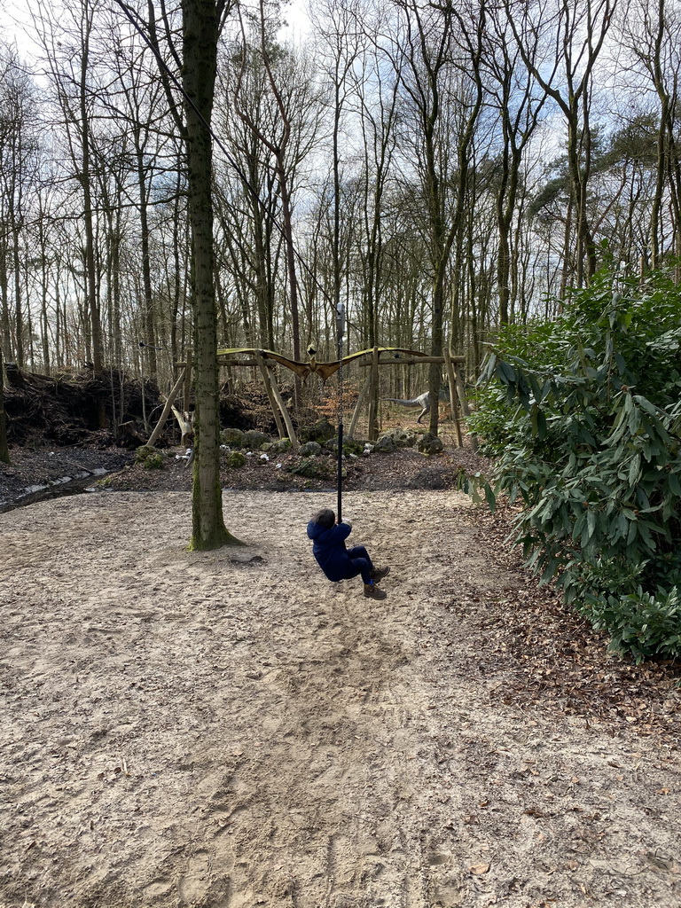 Max at the `Pterovlucht` zip line at the DinoPark at the DierenPark Amersfoort zoo