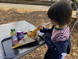 Max with a Spirello, a grilled cheese sandwich and drinks at the Fonteinplein square at the DierenPark Amersfoort zoo