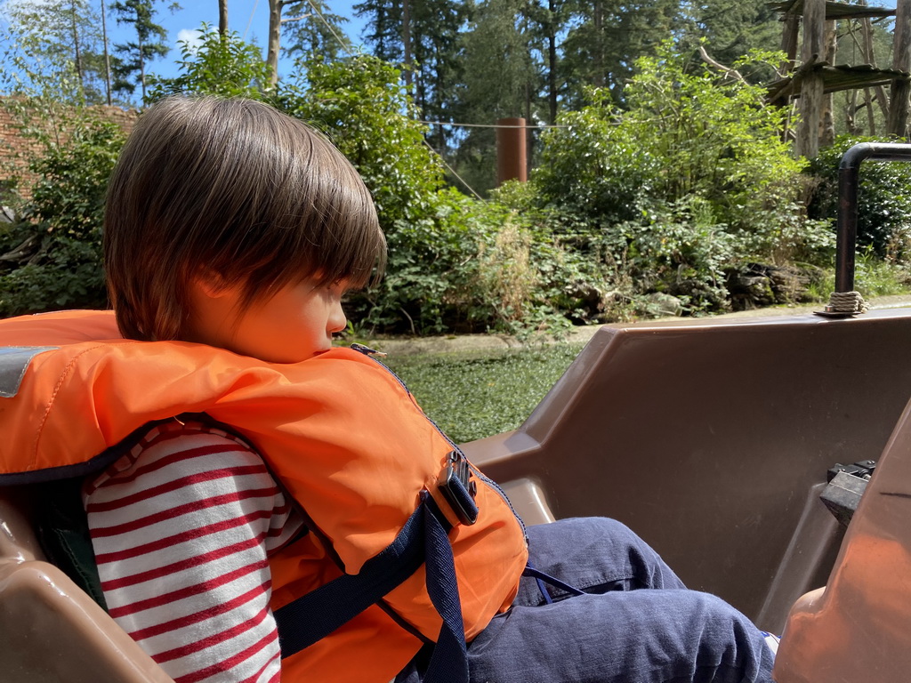 Max on the cycle boat on the Expedition River at the DierenPark Amersfoort zoo