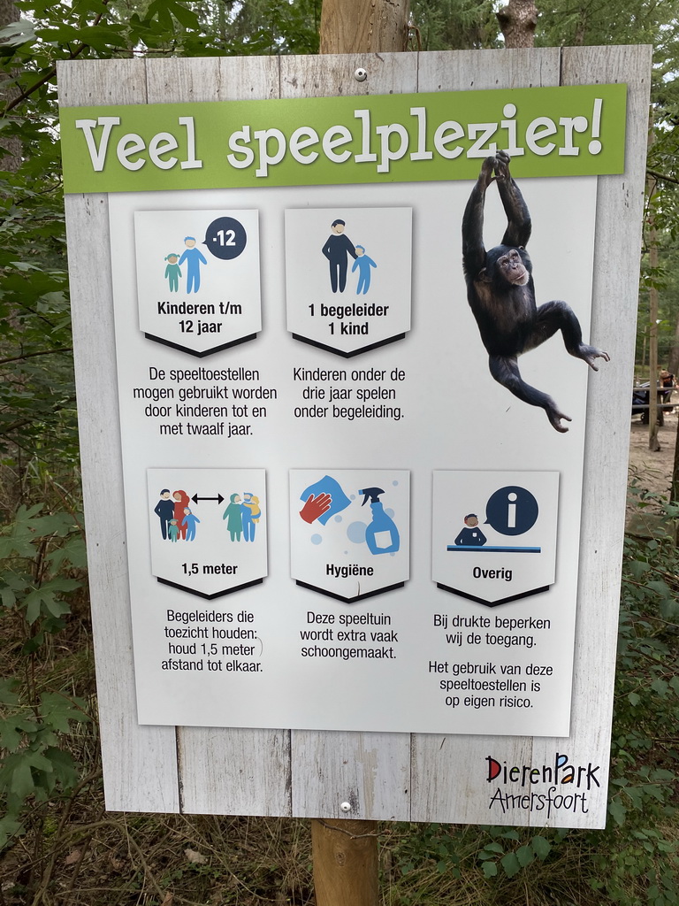 Sign about the COVID-19 rules at the playground at the Bosbeek area at the DierenPark Amersfoort zoo