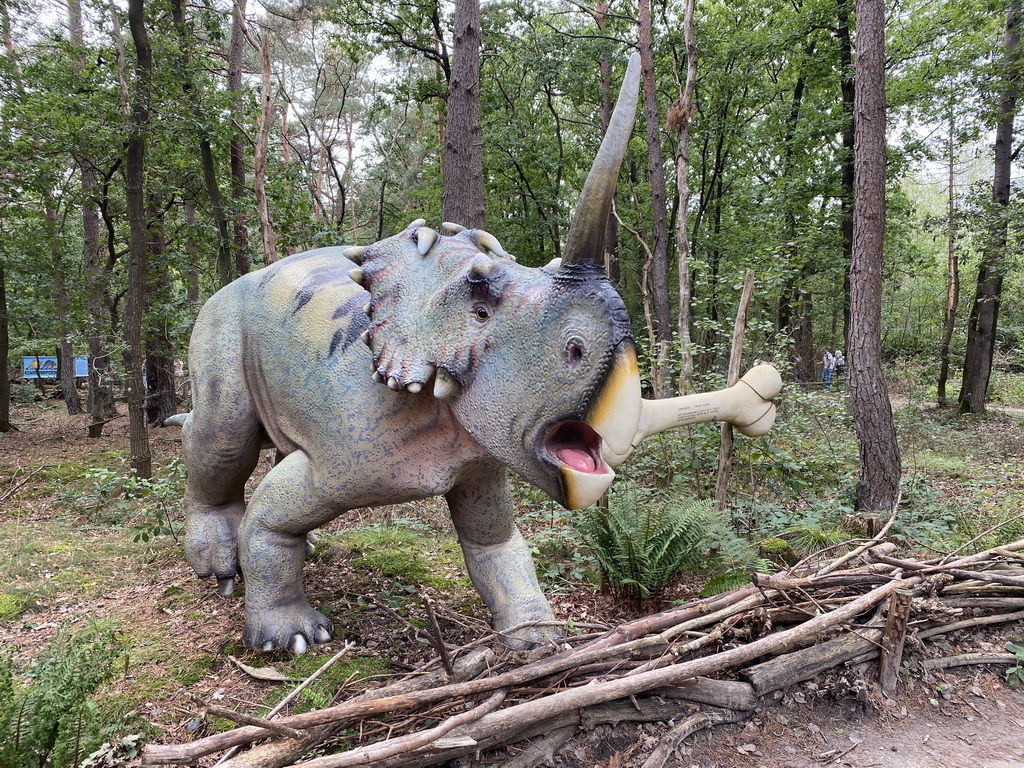 Centrosaurus statue at the DinoPark at the DierenPark Amersfoort zoo, with explanation