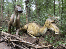 Maiasaurus statues at the DinoPark at the DierenPark Amersfoort zoo, with explanation