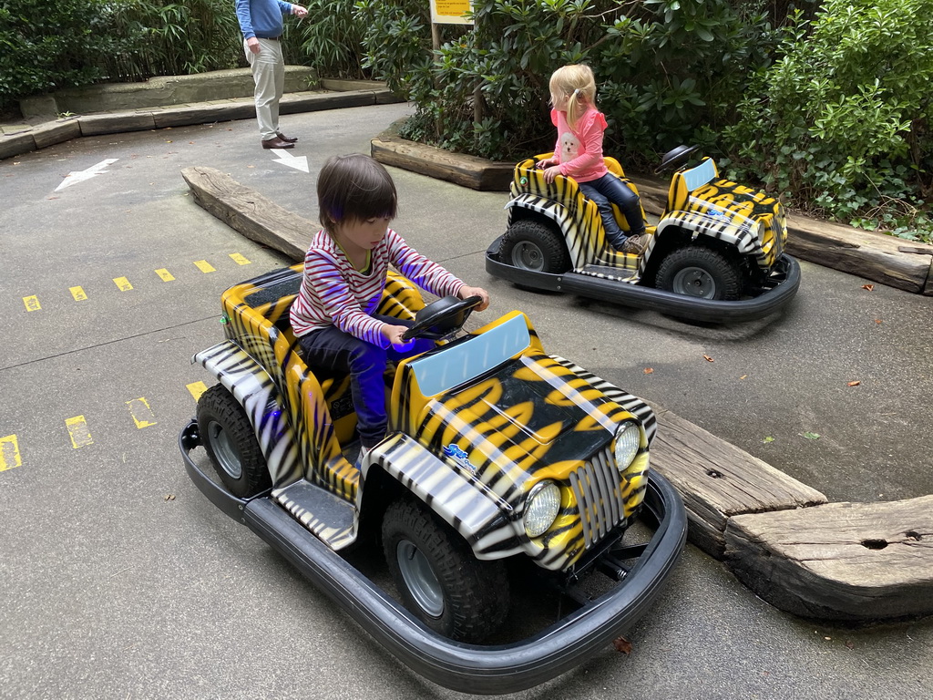 Max in a bumper car at the Pretplein square at the DierenPark Amersfoort zoo