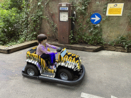 Max in a bumper car at the Pretplein square at the DierenPark Amersfoort zoo