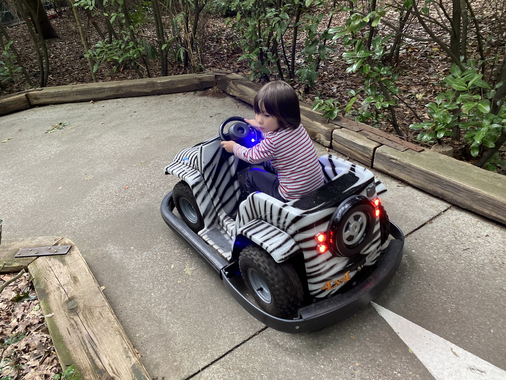 Max in a bumper car at the Pretplein square at the DierenPark Amersfoort zoo