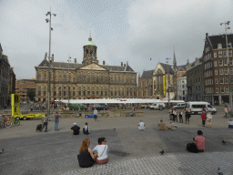 The Dam square with the book market, the Royal Palace Amsterdam and the Nieuwe Kerk church, viewed from the Nationaal Monument