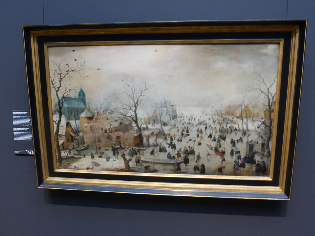 Painting `Winter Landscape with Ice Skaters` by Hendrick Avercamp, with explanation, at Room 2.6 at the Second Floor of the Rijksmuseum