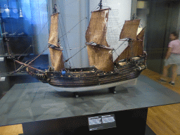 Ship`s model of the Prince Willem, with explanation, at Room 2.9 at the Second Floor of the Rijksmuseum