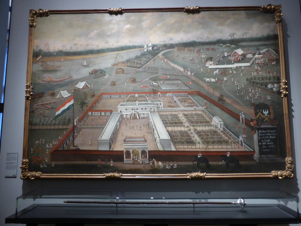 Painting `The Trading Post of the Dutch East India Company in Hooghly, Bengal` by Hendrik van Schuylenburgh, with explanation, at Room 2.9 at the Second Floor of the Rijksmuseum