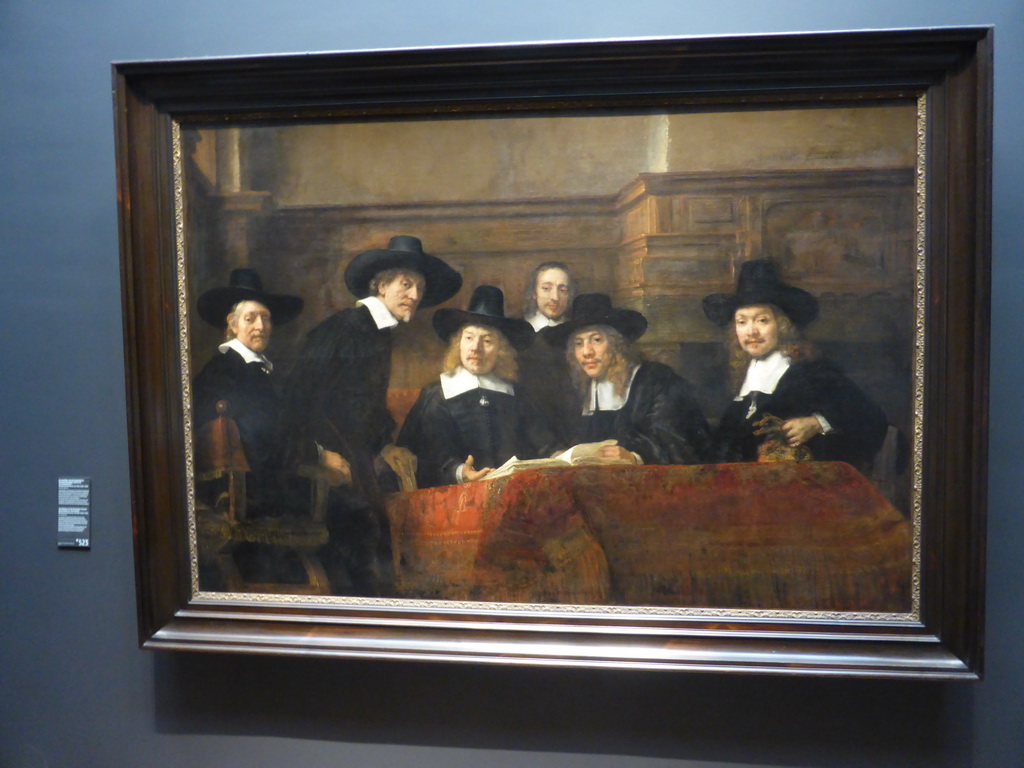 Painting `The Wardens of the Amsterdam Drapers` Guild, Known as `The Syndics`` by Rembrandt van Rijn, at the Gallery of Honour at the Second Floor of the Rijksmuseum