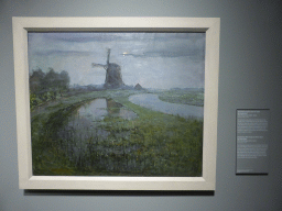 Painting `Oostzijdse Mill along the River Gein by Moonlight` by Piet Mondriaan, with explanation, at Room 1.18 at the First Floor of the Rijksmuseum