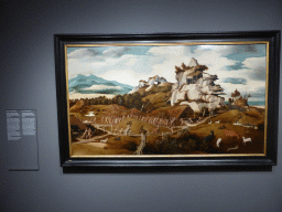 Painting `Landscape with an Episode from the Conquest of America` by Jan Janszoon Mostaert, with explanation, at Room 0.4 at the Ground Floor of the Rijksmuseum