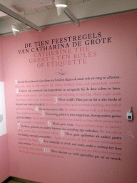 Information on Catherine the Great`s ten rules of etiquette at the exhibition `Dining with the Tsars` at the First Floor of the Hermitage Amsterdam museum