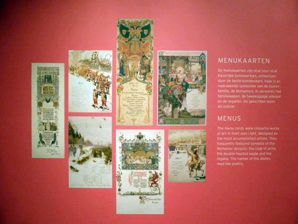 Information on menus at the exhibition `Dining with the Tsars` at the First Floor of the Hermitage Amsterdam museum