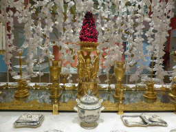 Items from the Green Frog Service at the exhibition `Dining with the Tsars` at the Main Hall at the First Floor of the Hermitage Amsterdam museum