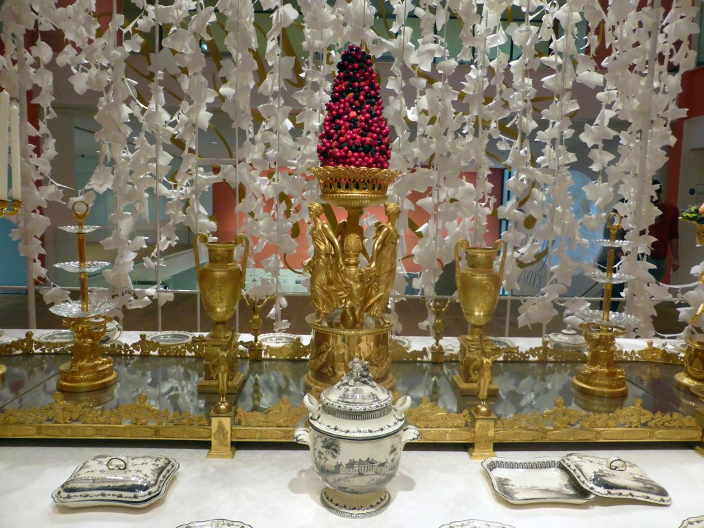 Items from the Green Frog Service at the exhibition `Dining with the Tsars` at the Main Hall at the First Floor of the Hermitage Amsterdam museum