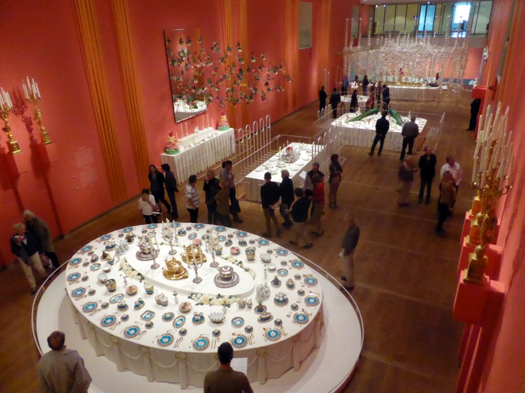 Services in the Main Hall at the First Floor at the exhibition `Dining with the Tsars` at the Hermitage Amsterdam museum, viewed from the Second Floor