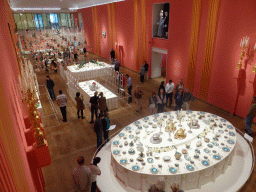 Services in the Main Hall at the First Floor at the exhibition `Dining with the Tsars` at the Hermitage Amsterdam museum, viewed from the Second Floor