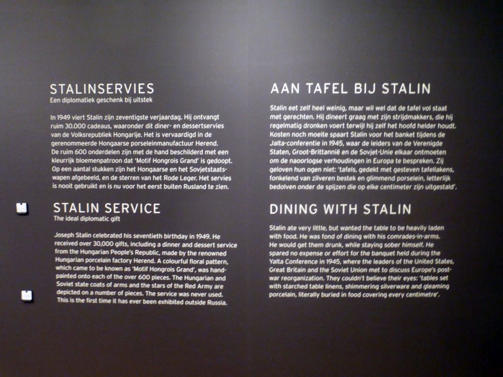 Information on Dining with Joseph Stalin, at the exhibition `Dining with the Tsars` at the Second Floor of the Hermitage Amsterdam museum