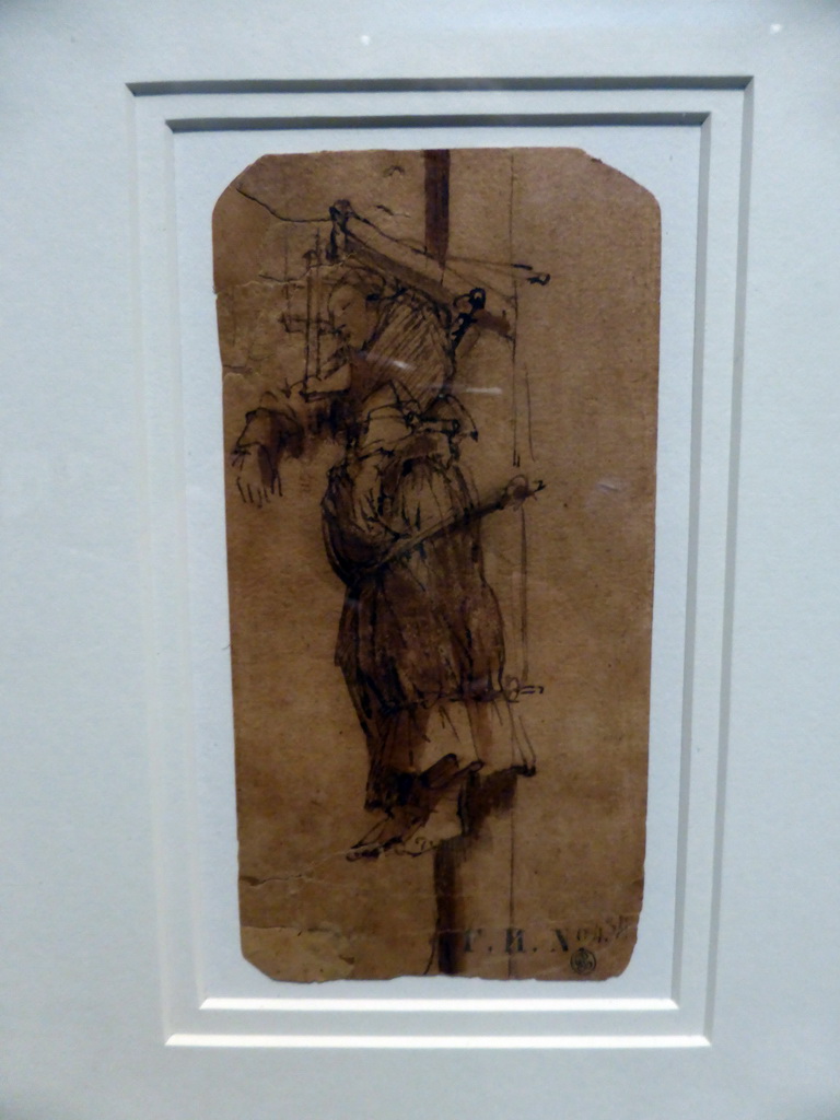 Etch `Elsje Christiaens Hanging on the Gibbet, in Three-Quarter Profile` by Rembrandt van Rijn, at Gallery 2 of the `Late Rembrandt` exhibition at the First Floor of the Philips Wing of the Rijksmuseum, with explanation