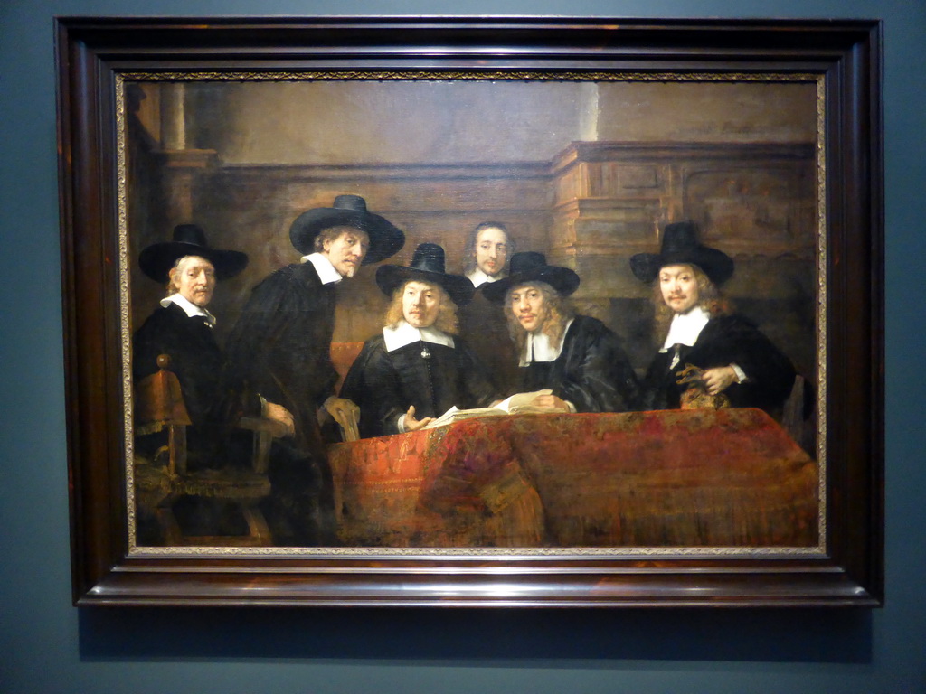 Painting `The Sampling Officials of the Amsterdam Drapers` Guild, known as `The Syndics`` by Rembrandt van Rijn, at Gallery 3 of the `Late Rembrandt` exhibition at the First Floor of the Philips Wing of the Rijksmuseum