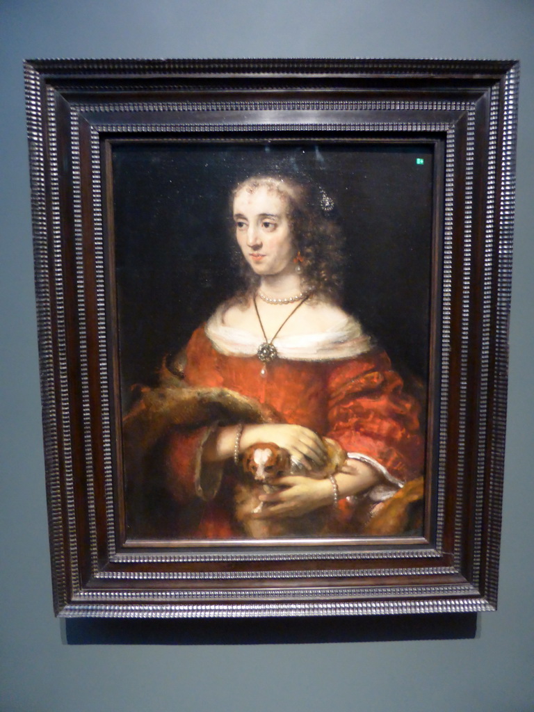 Painting `Portrait of a Lady with a Lap Dog` by Rembrandt van Rijn, at Gallery 3 of the `Late Rembrandt` exhibition at the First Floor of the Philips Wing of the Rijksmuseum