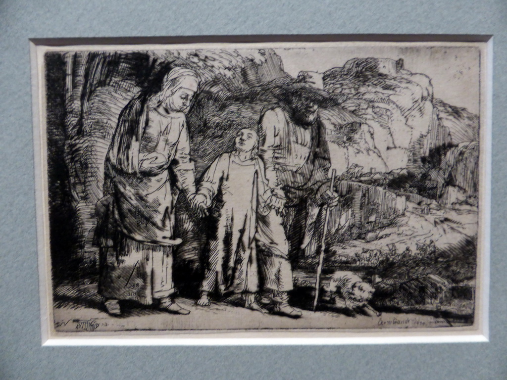Etch `Christ Returning from the Temple with Joseph and Mary` by Rembrandt van Rijn, at Gallery 4 of the `Late Rembrandt` exhibition at the First Floor of the Philips Wing of the Rijksmuseum
