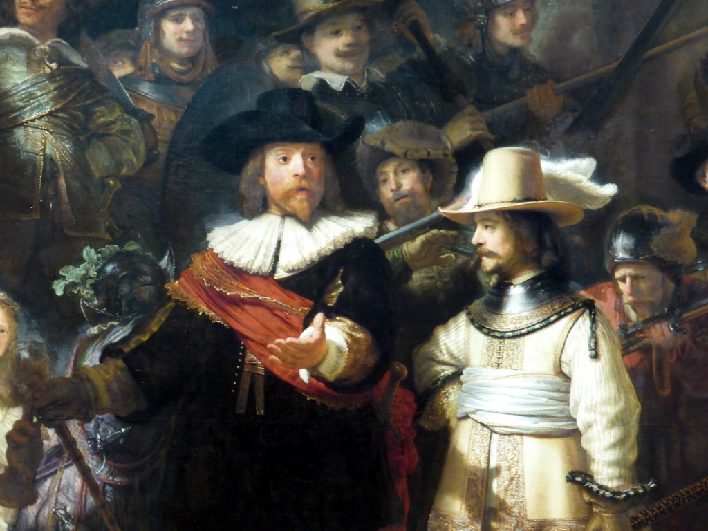 Detail of the painting `The Night Watch` by Rembrandt van Rijn, at the Gallery of Honour at the Second Floor of the Rijksmuseum