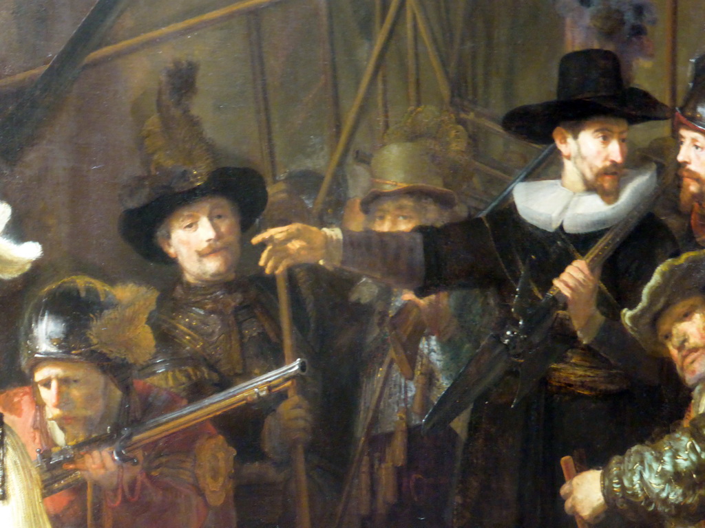 Detail of the painting `The Night Watch` by Rembrandt van Rijn, at the Gallery of Honour at the Second Floor of the Rijksmuseum