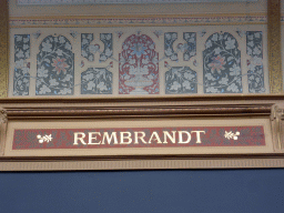 Mosaics at the wall above the painting `The Night Watch` by Rembrandt van Rijn, at the Gallery of Honour at the Second Floor of the Rijksmuseum