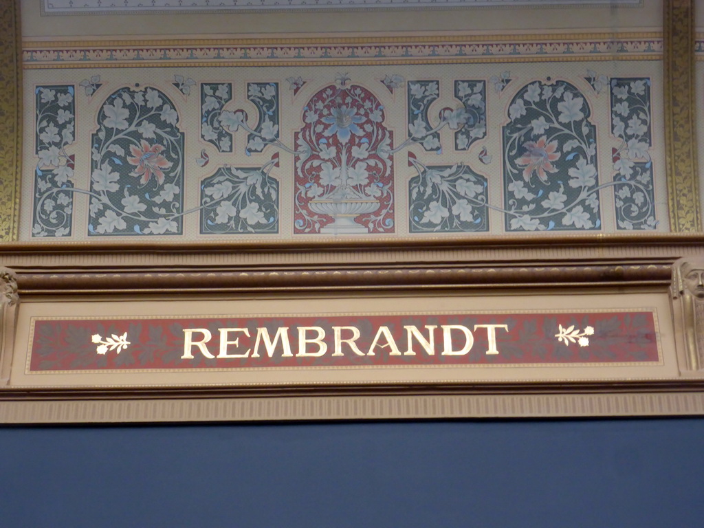 Mosaics at the wall above the painting `The Night Watch` by Rembrandt van Rijn, at the Gallery of Honour at the Second Floor of the Rijksmuseum