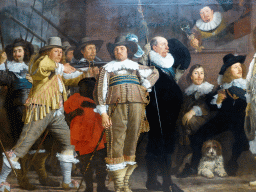 Detail of the painting `Militiamen of the Company of Captain Roelof Bicker and Lieutenant Jan Michielszoon Blaeuw (Officers and other Marksmen of the VIII District in Amsterdam before the De Haan Brewery at the Corner of the Lastaadje)` by Bartholomeus van der Helst, at the Gallery of Honour at the Second Floor of the Rijksmuseum