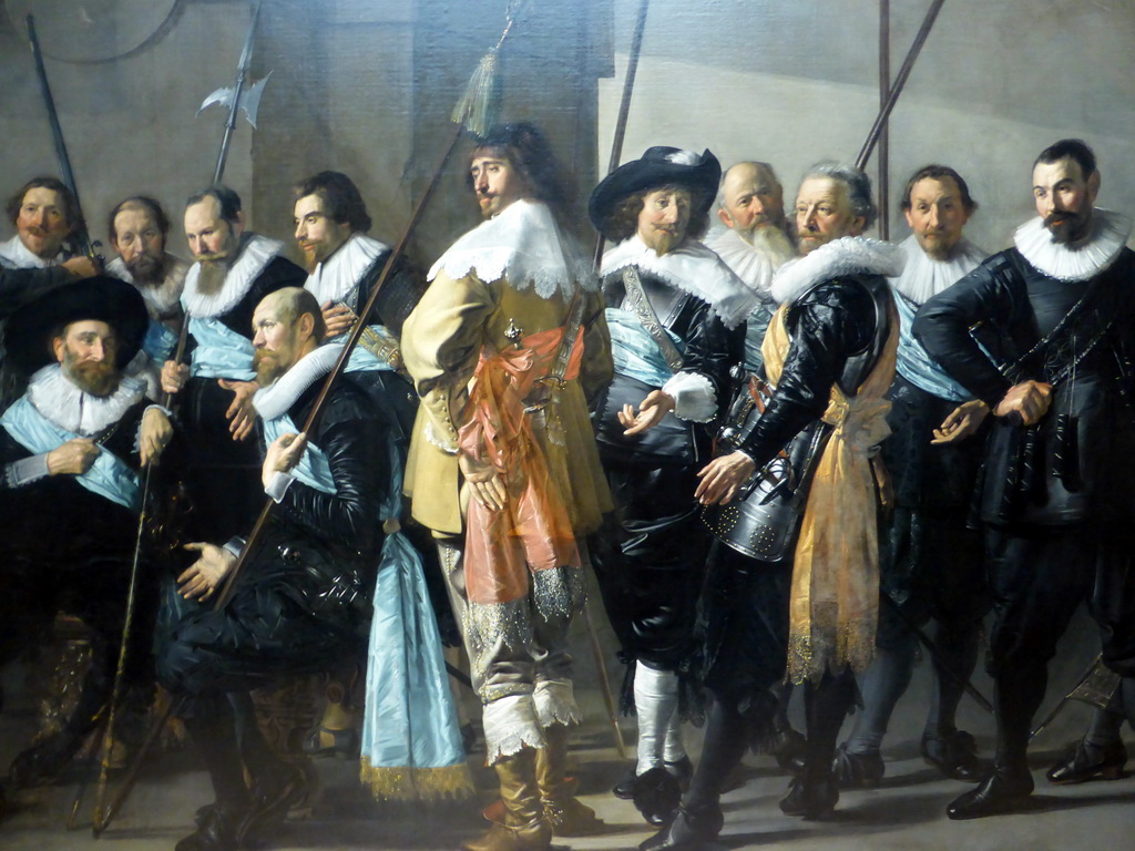 Detail of the painting `Militia Company of District XI under the Command of Captain Reynier Reael, Known as The Meagre Company`` by Frans Hals and Pieter Codde, at the Gallery of Honour at the Second Floor of the Rijksmuseum