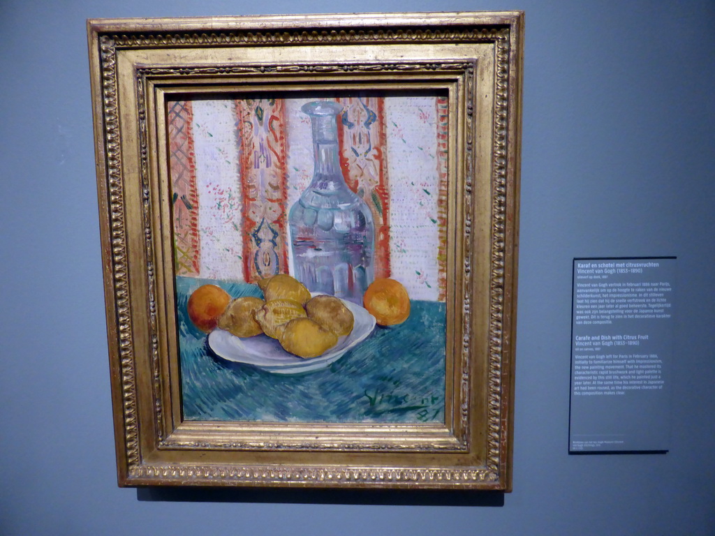 Painting `Carafe and Dish with Citrus Fruit` by Vincent van Gogh, at Room 1.18 at the First Floor of the Rijksmuseum, with explanation