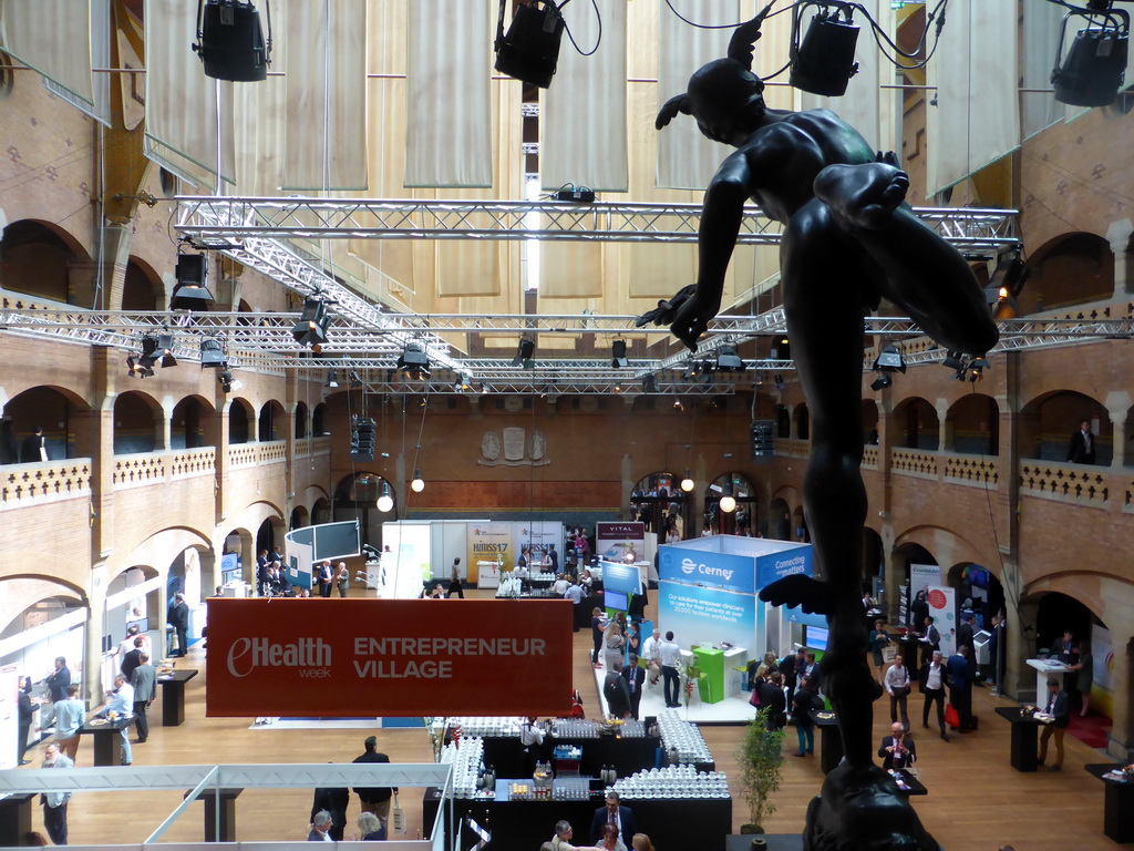 Statue at the first floor of the Grote Zaal room of the Beurs van Berlage conference center during the eHealth Week 2016 conference, with a view on the ground floor