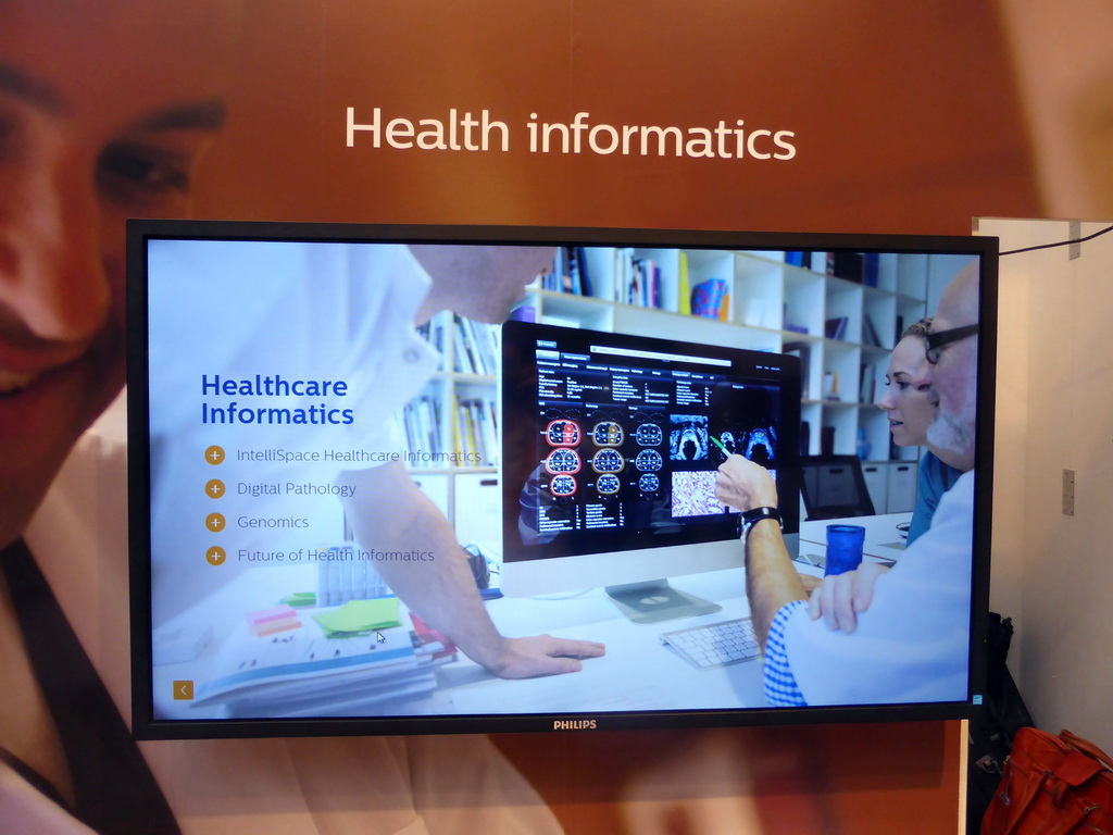 Healthcare informatics slide at the Philips stand during the eHealth Week 2016 conference, at the Graanbeurszaal room of the Beurs van Berlage conference center