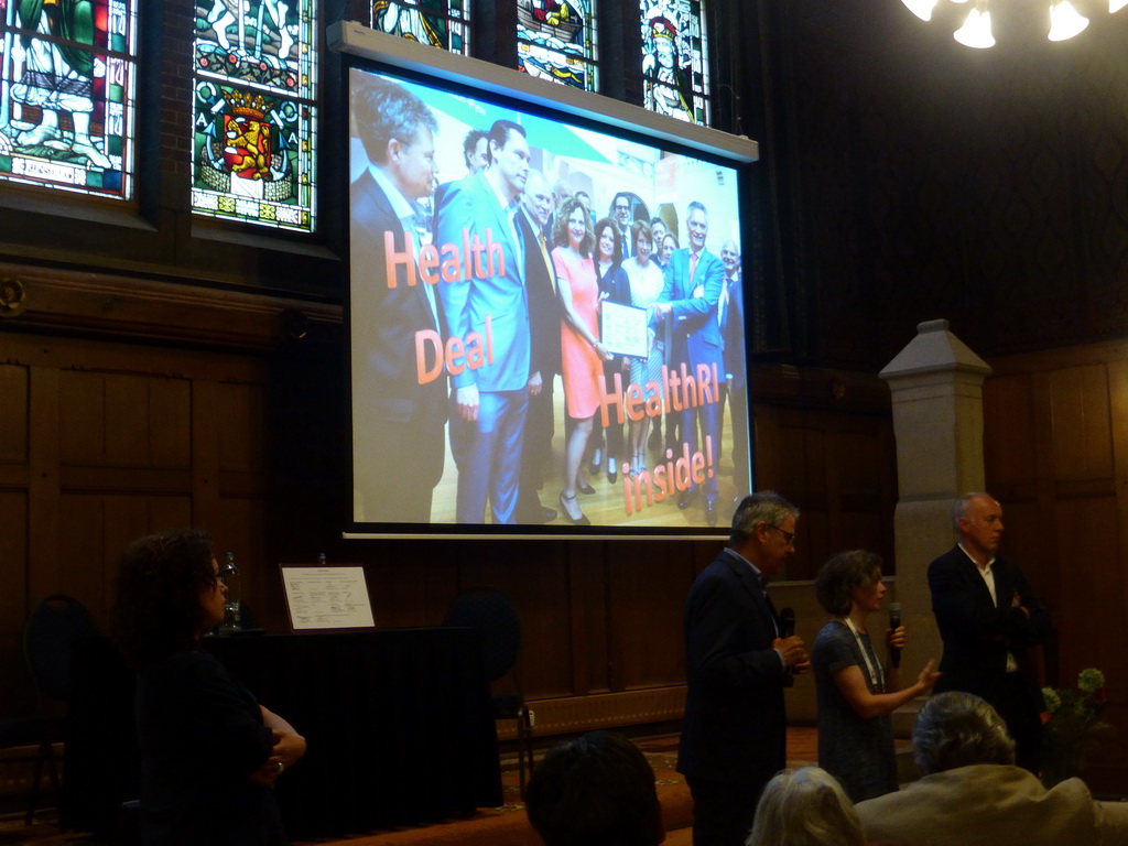 Presentation on the Health Deal by Nicky Hekster, Sabine Linn and Gerrit Meijer during the eHealth Week 2016 conference, in the Berlage Zaal room at the first floor of the Beurs van Berlage conference center