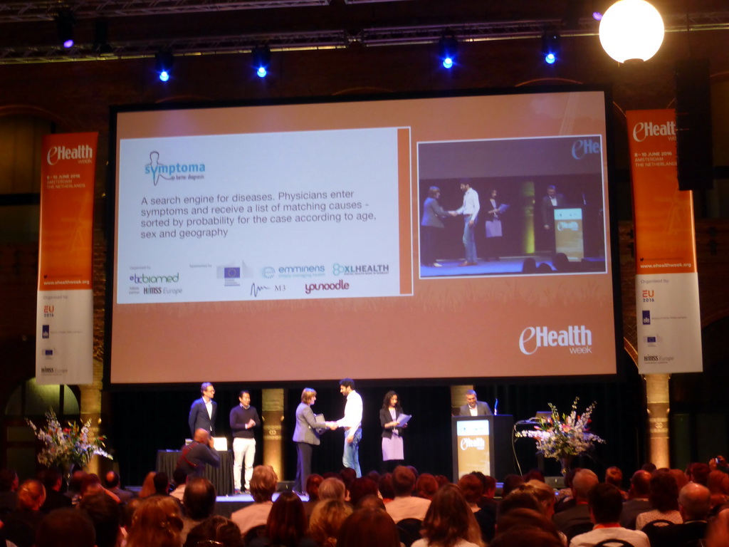 Prize winner Symptoma (Promise category) at the EU eHealth SME Competition Award Ceremony during the eHealth Week 2016 conference, in the Effectenbeurszaal room of the Beurs van Berlage conference center