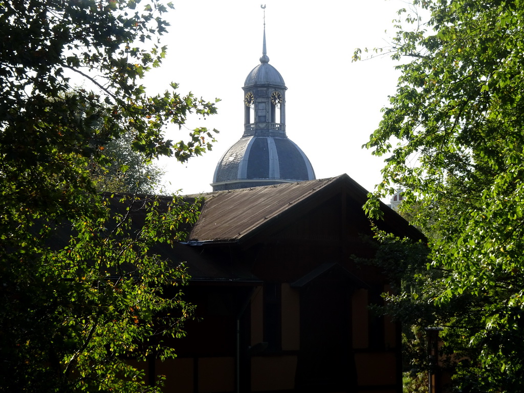 Building at the southeast side of the Royal Artis Zoo and the tower of the Muiderpoort gate