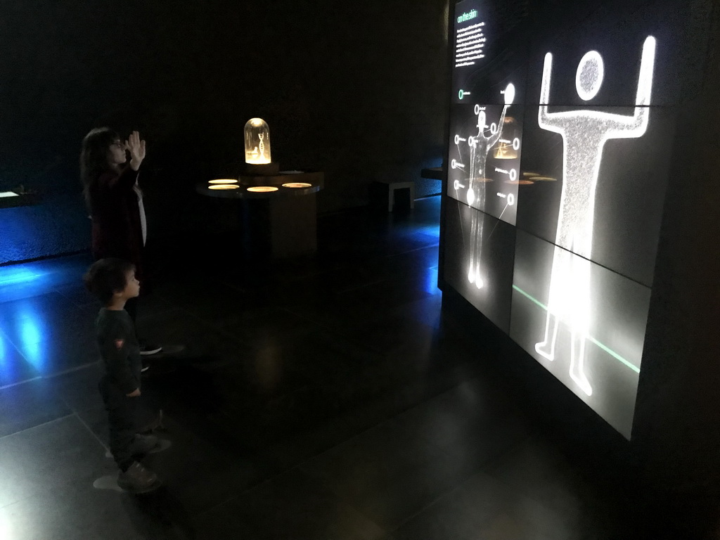 Max playing with the motion-controlled information screen at the Upper Floor of the Micropia museum