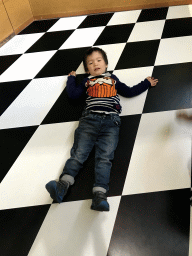 Max on the floor of the Trick Your Brain game at the Technium exhibition at the Second Floor of the NEMO Science Museum