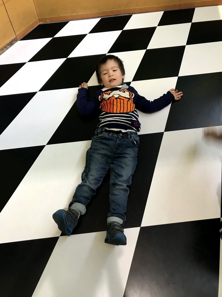 Max on the floor of the Trick Your Brain game at the Technium exhibition at the Second Floor of the NEMO Science Museum