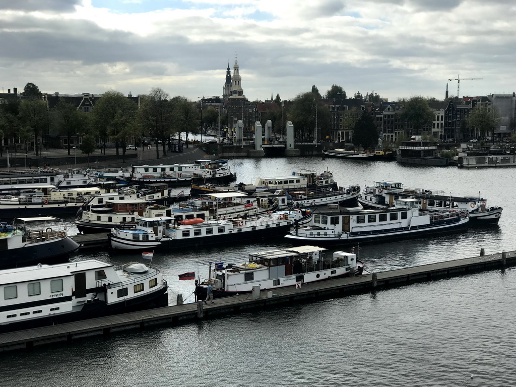 The Oosterdok canal, the Montelbaanstoren tower and the tower of the Zuiderkerk church, viewed from the roof at the Fifth Floor of the NEMO Science Museum