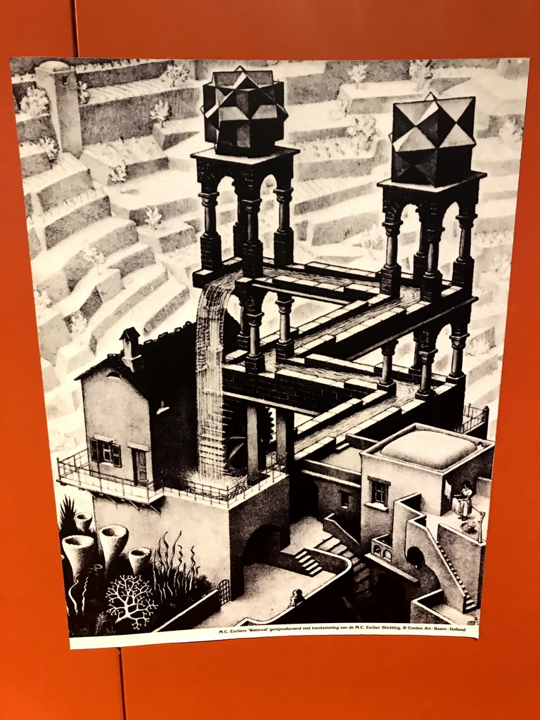 Drawing `Waterfall` by M.C. Escher at the Humania exhibition at the Fourth Floor of the NEMO Science Museum