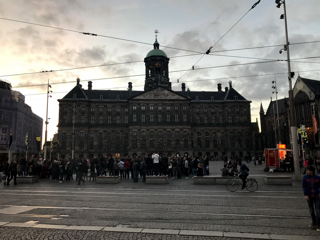 Front of the Royal Palace Amsterdam at the Dam square, at sunset