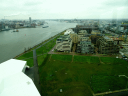 Boats in the IJ river and the Overhoeks neighbourhood, viewed from the A`DAM Lookout Indoor observation deck at the A`DAM Tower